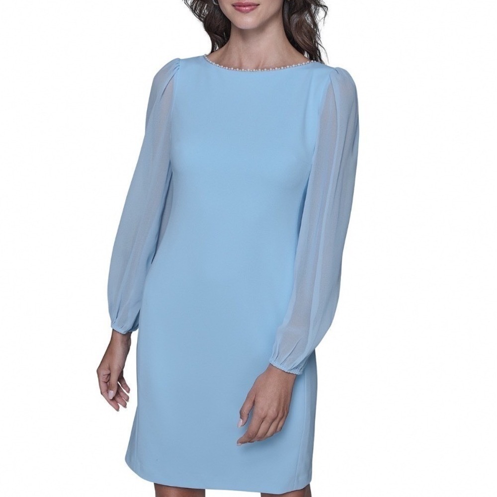 Karl Lagerfeld Paris Scuba Crepe Sheath Dress Blue Mist Pearl Neck 8 NEW